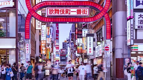 Time-Lapse-of-bustling-lights-and-people-at-the-Kabuki-Cho-District-Of-Shinjuku-City-Tokyo-Japan-TILT