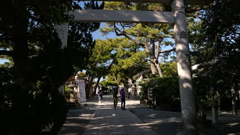 Silhouette-view-of-Shinto-shrine-with-stone-torii-gate-amid-green-trees