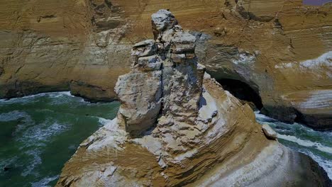 Aerial-Orbital-View-of-La-Catedral-Rock-Along-the-Steep-Cliffs-with-Pacific-Ocean-Waves-in-Peru,-South-America