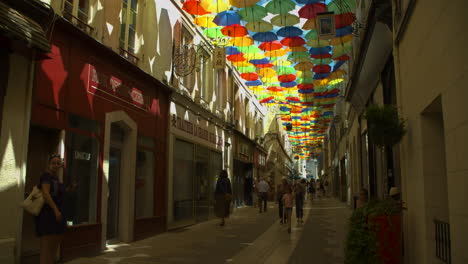 Pedestrians-walking-under-a-sea-of-umbrellas-in-narrow-shopping-street,-static