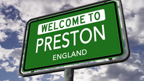 Bienvenido-A-Preston,-Inglaterra,-Señal-De-Tráfico-De-La-Ciudad-Del-Reino-Unido,-Animación-Realista-En-3D