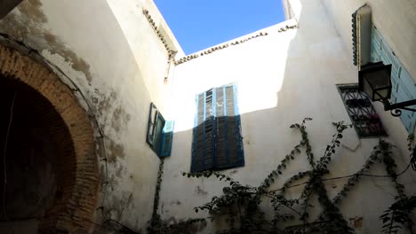 Callejón-Mediterráneo-Iluminado-Por-El-Sol,-Paredes-Blancas,-Contraventanas-Azules,-Plantas-Trepadoras,-Día-Sereno