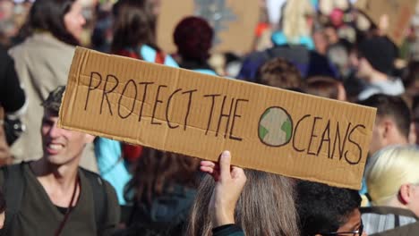 Vista-Cercana-Del-Cartel-&quot;proteger-Los-Océanos&quot;-En-Un-Mitin-Ambiental,-Slomo