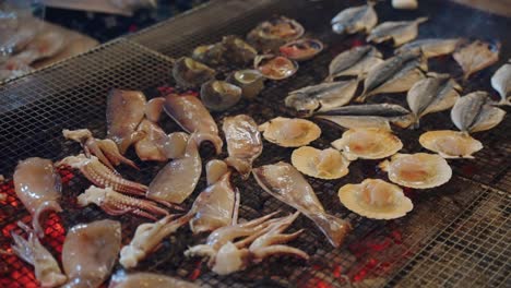 Squid,-Scallops-and-Mackerel-on-Grill,-Cooking-over-the-Coals-in-Slow-Motion