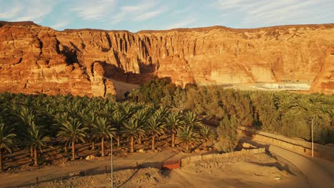 Oasis-with-green-palm-trees,-orange-rocks-and-yellow-sand-in-desert-at-sunrise