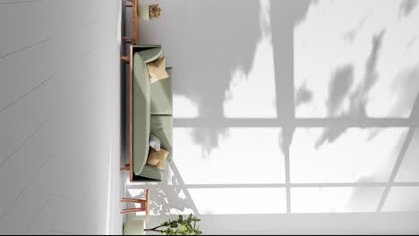 Modernes-Wohnzimmer-In-Einer-Wohnung-Mit-Couch-Und-Wolkenschatten,-Die-Sich-Bei-Sanfter-Sommerbrise-An-Der-Grauen-Wand-Bewegen.-Rendering-Animation,-Architektur,-Innenarchitektur-Konzept,-Zeitraffer