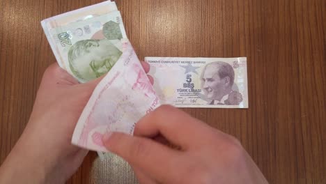 Un-Adolescente-Clasificando-Cada-Billete-De-Lira-Turca-Por-Valor,-Con-El-Retrato-De-Ataturk,-Fundador-De-La-República-De-Turkiye-En-La-Parte-Superior