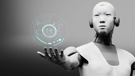 Roboter-Prototyp-Cyborg,-Der-Auf-Der-Handfläche-Eine-Holografische,-Kontaktlose-Schalttafel-Hält,-In-3D-Rendering-Animation,-Künstliche-Intelligenz-übernimmt-Das-Konzept