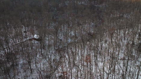 Monte-Sequoyah-Cubierto-De-Nieve,-Arkansas,-Con-árboles-Desnudos-Y-Cabaña-Solitaria-En-Invierno,-Vista-Aérea