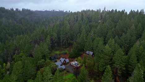 Drone-panning-view-of-a-villa-between-the-large-pine-trees-on-a-hill-on-a-cloudy-day
