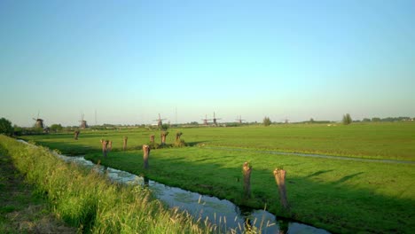 Holländische-Landschaft-Polder-Pov-Kinderdijk-Mit-Mühle-Grüne-Wiese-Graben-Und-Polder