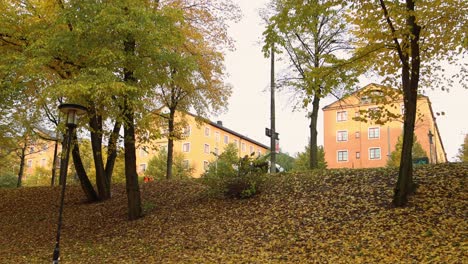 View-from-park-below-of-woman-walking-on-street-in-Stockholm-in-autumn