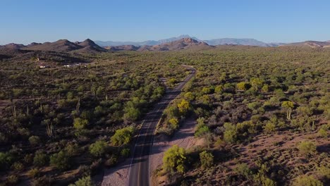 Largo-Y-Sinuoso-Camino-En-El-Desierto-Para-Un-Viaje-Por-Carretera-Con-Cactus-Y-Montañas-Durante-La-Puesta-De-Sol