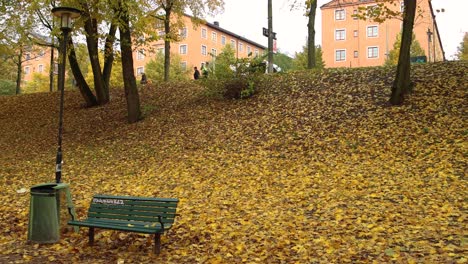 View-from-leafy-park-below-of-people-on-Stockholm-street-in-autumn