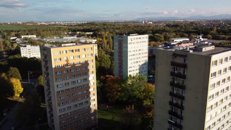 Drone-flight-between-residential-buildings-in-Ostrava,-Czech-Republic