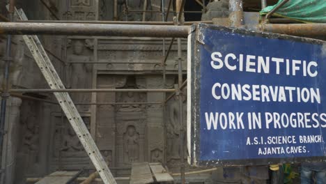 Scientific-conservation-work-in-progress-at-UNESCO-World-Heritage-Site-Ajanta-Caves,-Maharashra,-India