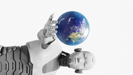 Prototipo-De-Robot-Cyborg-Sosteniendo-La-Palma-De-La-Mano-El-Planeta-Tierra-Inteligencia-Artificial-Asumiendo-El-Concepto-En-Animación-De-Renderizado-3d-Escenario-Utópico-Futurista