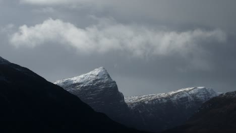 Sgurr-an-Fhidhleir-mountain-in-Coigach,-Highlands,-Scotland-with-snow,-clouds-and-stormy-sky