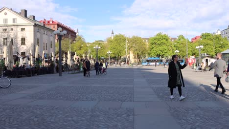 Static-view-of-city-square-Medborgarplatsen-in-Stockholm-on-sunny-spring-day