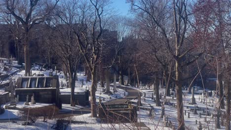 Cemetery-on-sunny,-snowy-day