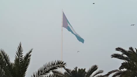 Nebel-Der-VAE:-Die-Flagge-Der-VAE-Weht-Im-Morgennebel-Der-Vereinigten-Arabischen-Emirate-In-Der-Luft