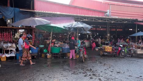 Ein-Weitläufiger-Blick-Auf-Einen-ASEAN-Markt-Offenbart-Eine-Geschäftige-Szene,-Mit-Menschen,-Die-Gemütlich-Zwischen-Den-Ständen-Umherschlendern,-Einkaufen-Und-Händlern,-Die-Stolz-Ihre-Waren-Präsentieren