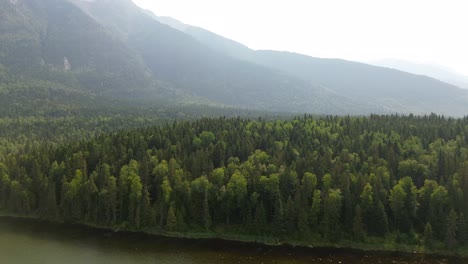 Aerial-Drone-Alongside-Alpine-Woodland-Forest-at-Seeley-Lake-Provincial-Park,-Smithers-in-Canada