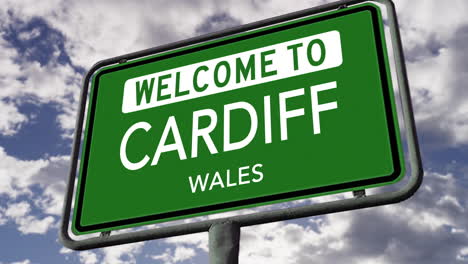 Welcome-to-Cardiff,-Wales,-UK-City-Road-Sign,-Realistic-3D-Animation