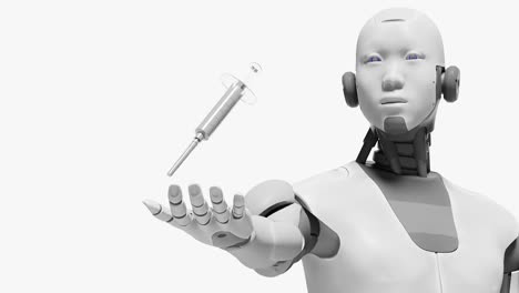 Artificial-intelligence-taking-over-on-medical-hospital-task,-robot-prototype-cyborg-holding-a-syringe-in-palm-hand-3d-rendering-animation