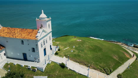 Aerial-Footage-of-Saquarema-Church,-Saquarema-Beach,-Saquarema-Lagoon,-and-Saquarema-Downtown-in-Rio-de-Janeiro,-Brazil