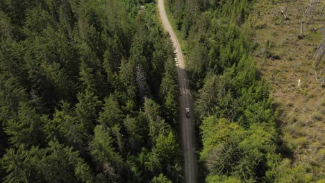 Vehicle-Traveling-Between-an-Alpine-Forest-on-Moresby-Island-from-an-Aerial-Tilt-Down-Dolly-Shot,-Canada