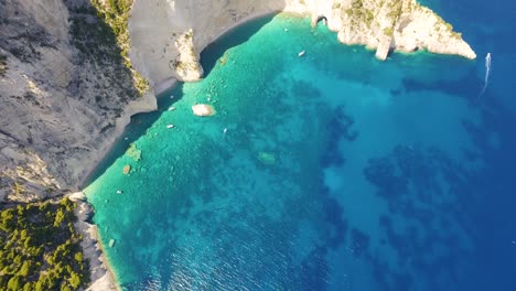 The-stunning-oasi-beach-near-keri-caves-in-zakynthos,-greece-with-clear-turquoise-waters,-aerial-view