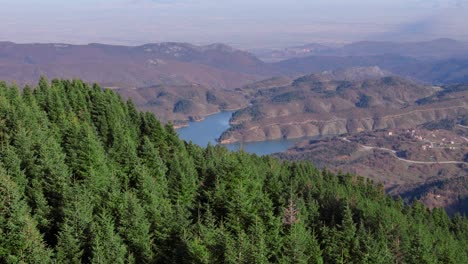 Aerial-reveal-of-Lake-Kerkini-behind-evergreen-forest-overlooking-sprawling-Greek-Valley