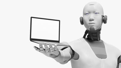 Roboter-Humanoid-Prototyp-Cyborg-Hält-Modernen-Laptop-Mit-Schwarz-weißem-Bildschirm-über-Der-Handfläche,-Künstliche-Intelligenz-übernimmt-Konzept-In-3D-Rendering-Animation