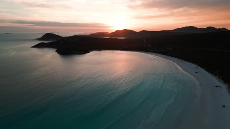 aerial-view-over-Lucky-Bay-in-Cape-Legrand-National-Park-at-sunset,-near-esperance,-western-australia