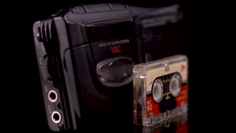 Vintage-Casio-Dictaphone-With-Micro-Cassette-Tape,-Journalism-Equipment-in-1980s-Close-Up