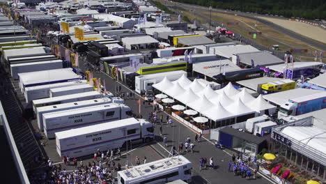 Formula-One-racing-paddock,-view-of-race-trucks-from-high-ground