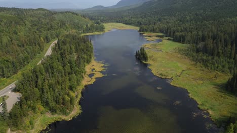 Drone-Aéreo-Sobre-El-Parque-Provincial-Del-Lago-Seeley-Con-árboles-Alpinos-Que-Cubren-El-Hermoso-Paisaje-En-Smithers,-Canadá