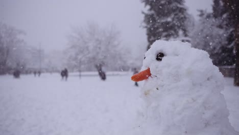 Primer-Plano-De-Un-Muñeco-De-Nieve-En-El-Parque-Mientras-Nieva-Intensamente-Y-Gente-Al-Fondo,-Tormenta-De-Nieve-En-Atenas