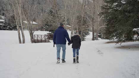 Back-View-of-Father-and-Daughter-Walking-on-Snow-on-Cold-Winter-Day-in-Landscape-of-Colorado-USA,-Slow-Motion