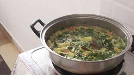 A-pot-of-simmering-ginataang-malunggay-or-moringa-coconut-milk-stew,-an-authentic-traditional-vegan-Filipino-dish-from-the-Philippines