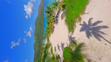 Vertikale-FPV-Luftaufnahme-über-Exotische-Palmen-Zum-Tropischen-Sandstrand-Panorama