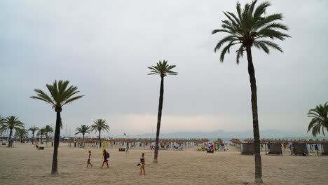 Playa-De-Palma-Strohsonnenschirme-Und-Palmen-Am-Goldenen-Strand-Von-Mallorca-Mit-Touristen,-Die-über-Die-Sandlandschaft-Laufen