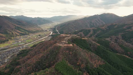 Aerial-Japanese-Countryside-Mountain-Village-Landscape-Green-Summer-at-Hyogo-Asago-Takeda-Castle-Ruins,-Travel-Japan,-Daylight-Skyline