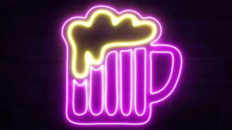 A-neon-sign-of-a-large-pink-and-purple-beer-mug-with-overflowing-yellow-foam,-flickering-against-a-dark-brick-wall