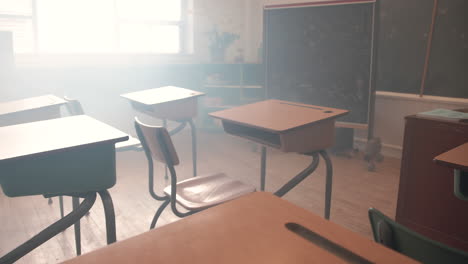 Panning-shot-to-reveal-desk-in-classroom-empty