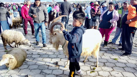 Junge-Führt-Eine-Ziege-Durch-Einen-Geschäftigen-Otavalo-Markt-In-Ecuador-Und-Fängt-Die-Lokale-Kultur-Ein