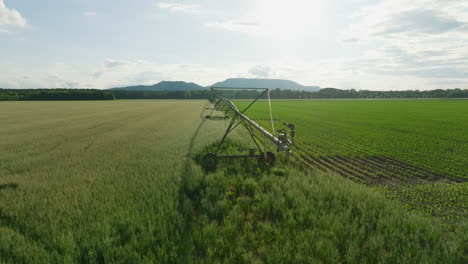 Irrigation-system-watering-crops-in-sunny-Dardanelle,-AR,-expansive-farmland-view