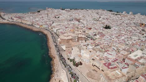 panoramic-drone-video-panning-movement-of-cadiz-cathedral,-Old-Town-and-coastline-during-sunny-day