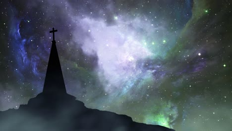 Helle-Sterne-Am-Himmel-Und-Eine-Silhouette-Einer-Kirche-Auf-Einem-Hügel
